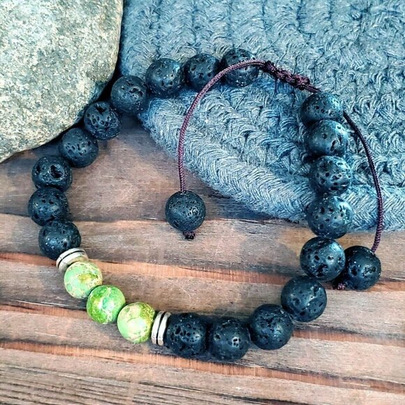 Chakra Healing Gemstone Bracelet Green Aqua Terra Jasper Black Lava - Picture 4 of 7